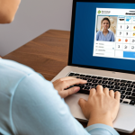 **A wellness coordinator attending an online course on mindfulness and stress management, with a laptop displaying a webinar and a calendar marked with certification renewal deadlines.** (Focuses on online learning and time management for certification)