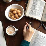**Image Prompt:**  A serene study environment with a focused individual reviewing course materials, a study plan, and online resources, emphasizing prioritizing sleep, healthy eating, and stress management for optimal exam performance. Include elements of Swedish culture and a focus on "fika".