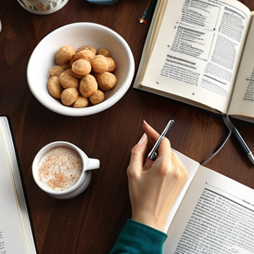 **Image Prompt:**  A serene study environment with a focused individual reviewing course materials, a study plan, and online resources, emphasizing prioritizing sleep, healthy eating, and stress management for optimal exam performance. Include elements of Swedish culture and a focus on "fika".