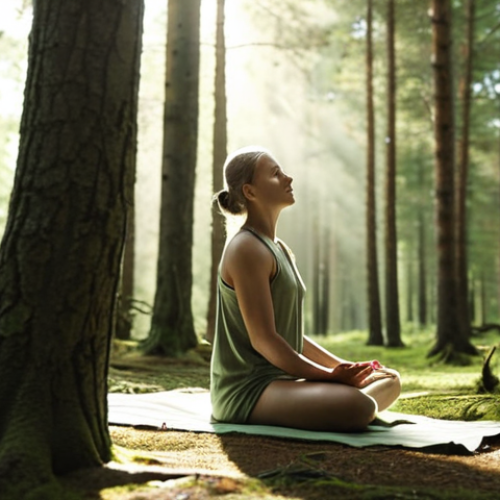 A person peacefully meditating outdoors in a Swedish forest, sunlight filtering through the trees, emphasizing a sense of calm and mindfulness. The color palette is muted greens, browns, and soft light.