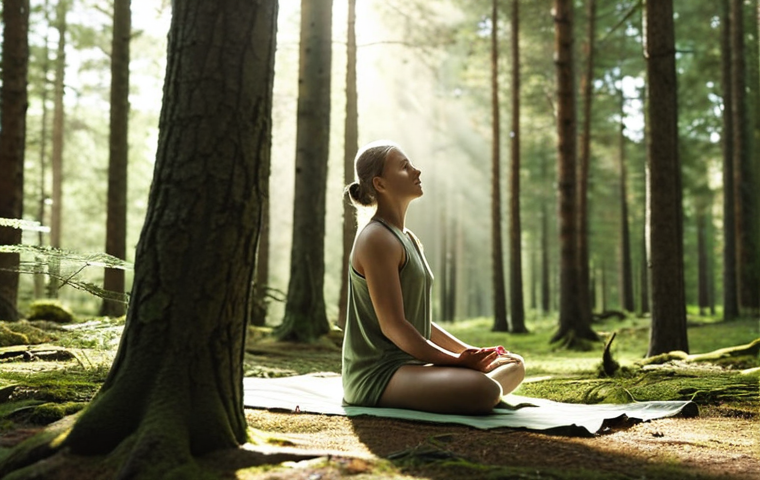 A person peacefully meditating outdoors in a Swedish forest, sunlight filtering through the trees, emphasizing a sense of calm and mindfulness. The color palette is muted greens, browns, and soft light.