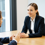 A female well-being coordinator, fully clothed in a modest, professional business suit, engaging in a one-on-one conversation with a male employee. They are seated comfortably at a modern meeting table, both displaying engaged and open body language. The coordinator has a supportive, empathetic expression, actively listening. The employee appears thoughtful and receptive. The setting is a brightly lit, calm, and private office meeting room with contemporary design elements. The background is clean and uncluttered, featuring subtle greenery or a blurred window view, creating a sense of psychological safety. Perfect anatomy, correct proportions, natural pose, well-formed hands, proper finger count, natural body proportions. Professional photography, high-quality, ultra-detailed, photorealistic, safe for work, appropriate content, fully clothed, professional dress.