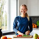 **

"A smiling woman, fully clothed in comfortable, activewear, standing in a bright, modern Scandinavian home kitchen, preparing a healthy meal. Sunlight streams through the window. She is surrounded by fresh fruits and vegetables.  safe for work, appropriate content, fully clothed, professional, modest, family-friendly, perfect anatomy, correct proportions, natural pose, well-formed hands, proper finger count, natural body proportions, high quality, wellness concept, focus on healthy eating and a balanced lifestyle."

**