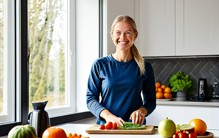 **
"A smiling woman, fully clothed in comfortable, activewear, standing in a bright, modern Scandinavian home kitchen, preparing a healthy meal. Sunlight streams through the window. She is surrounded by fresh fruits and vegetables. safe for work, appropriate content, fully clothed, professional, modest, family-friendly, perfect anatomy, correct proportions, natural pose, well-formed hands, proper finger count, natural body proportions, high quality, wellness concept, focus on healthy eating and a balanced lifestyle."
**