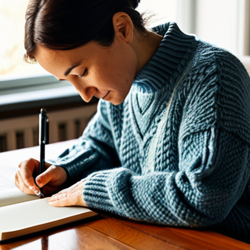 **Prompt:** A woman in her late 30s journaling in a sunlit room. She's wearing comfortable, modest clothing like a sweater and jeans. A cup of tea sits on the wooden table beside her journal. Soft, natural lighting. Focus on contentment and mindfulness. Safe for work, appropriate content, fully clothed, professional, perfect anatomy, natural proportions, high quality, indoor setting, family-friendly.