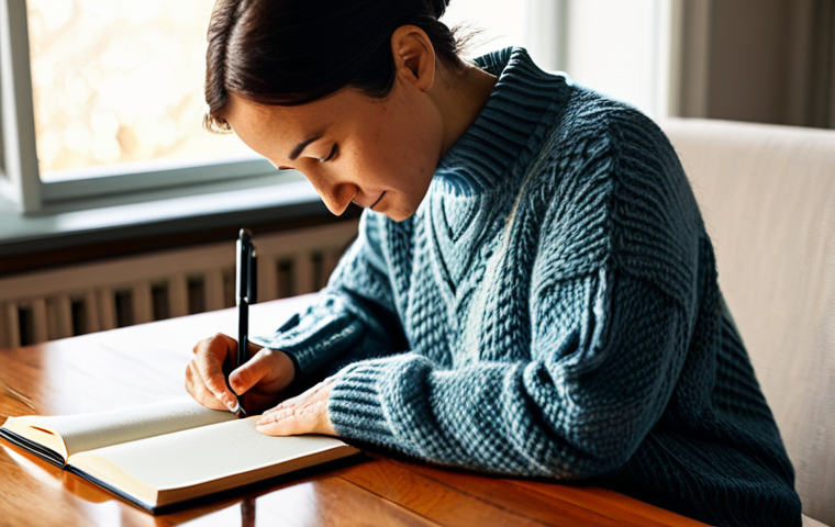 **Prompt:** A woman in her late 30s journaling in a sunlit room. She's wearing comfortable, modest clothing like a sweater and jeans. A cup of tea sits on the wooden table beside her journal. Soft, natural lighting. Focus on contentment and mindfulness. Safe for work, appropriate content, fully clothed, professional, perfect anatomy, natural proportions, high quality, indoor setting, family-friendly.