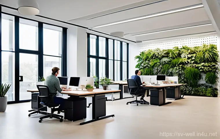 웰빙코디네이터와 비즈니스 플랜 수립 - **Prompt:** A vibrant, modern, and open-plan office flooded with natural light. A diverse group of f...