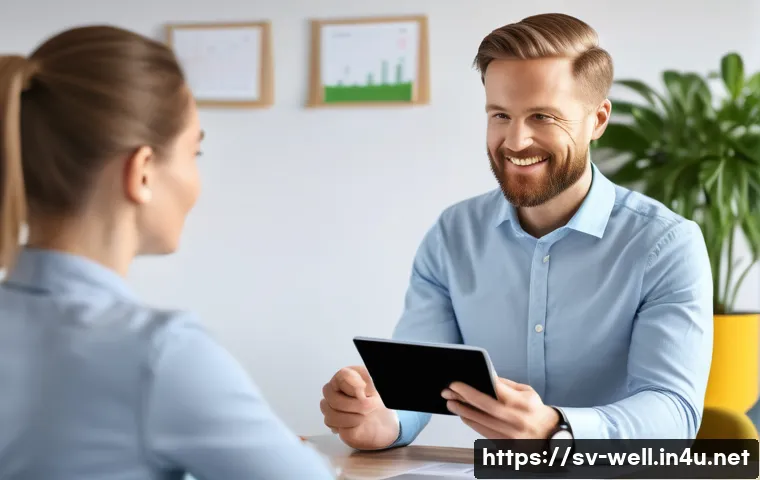 웰빙코디네이터가 되는 법 - A professional wellness coordinator in a modern Scandinavian office setting, engaging warmly with di...