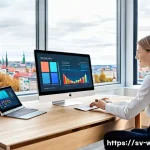 웰빙코디네이터를 위한 도구 - A modern Scandinavian office scene featuring a wellness coordinator using a large, sleek touchscreen...