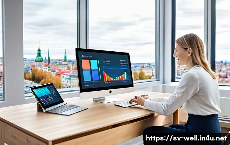 웰빙코디네이터를 위한 도구 - A modern Scandinavian office scene featuring a wellness coordinator using a large, sleek touchscreen...