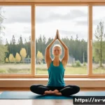 웰빙코디네이터와 건강 목표 분석 - A serene morning scene in a modern Swedish home where a young adult is practicing gentle yoga by a l...
