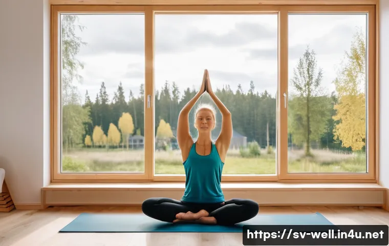 웰빙코디네이터와 건강 목표 분석 - A serene morning scene in a modern Swedish home where a young adult is practicing gentle yoga by a l...