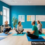 웰빙코디네이터와 사회적 기업 협력 - A vibrant community health workshop scene in a modern Swedish social enterprise office, featuring di...