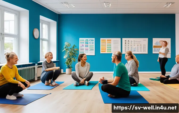 웰빙코디네이터와 사회적 기업 협력 - A vibrant community health workshop scene in a modern Swedish social enterprise office, featuring di...