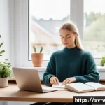 웰빙코디네이터와 건강 워크숍 사례 - A bright and cozy Scandinavian-style home office scene showing a young Swedish professional woman pr...