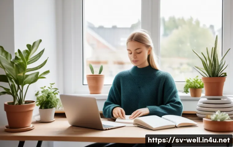 웰빙코디네이터와 건강 워크숍 사례 - A bright and cozy Scandinavian-style home office scene showing a young Swedish professional woman pr...