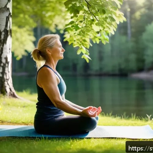 웰빙코디네이터와 건강 목표 달성 경험 - A serene scene of a middle-aged Swedish woman practicing mindfulness meditation outdoors in a lush g...