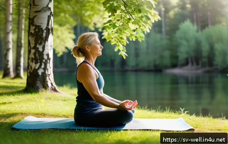 웰빙코디네이터와 건강 목표 달성 경험 - A serene scene of a middle-aged Swedish woman practicing mindfulness meditation outdoors in a lush g...