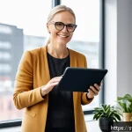 웰빙코디네이터와 국제 자격증 - A professional wellness coach in a modern Scandinavian office environment, wearing smart casual atti...