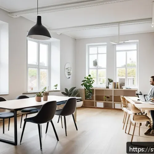 웰빙코디네이터와 직무 역량 발전 사례 - A modern Scandinavian office environment showing a diverse group of employees engaged in a supportiv...