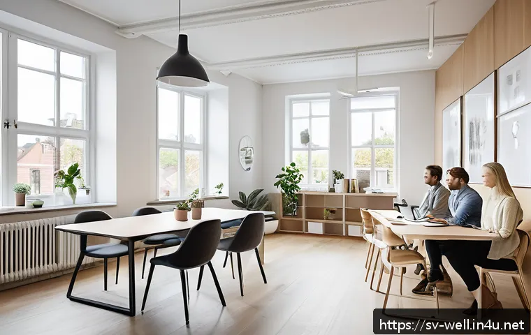 웰빙코디네이터와 직무 역량 발전 사례 - A modern Scandinavian office environment showing a diverse group of employees engaged in a supportiv...