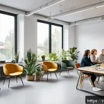 웰빙코디네이터와 건강 프로그램 평가 - A modern Swedish office environment showing a diverse group of employees engaged in a health and wel...