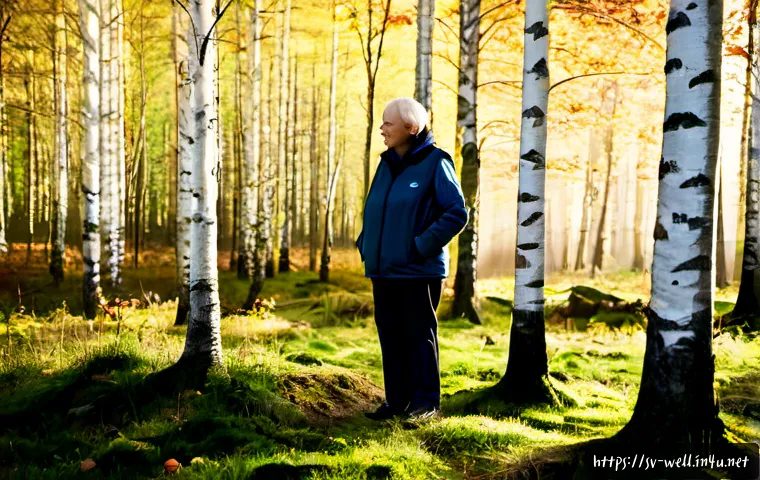 웰빙코디네이터와 자연 요법 - Photorealistic Swedish wellness coordinator guiding an older adult through gentle forest bathing in ...